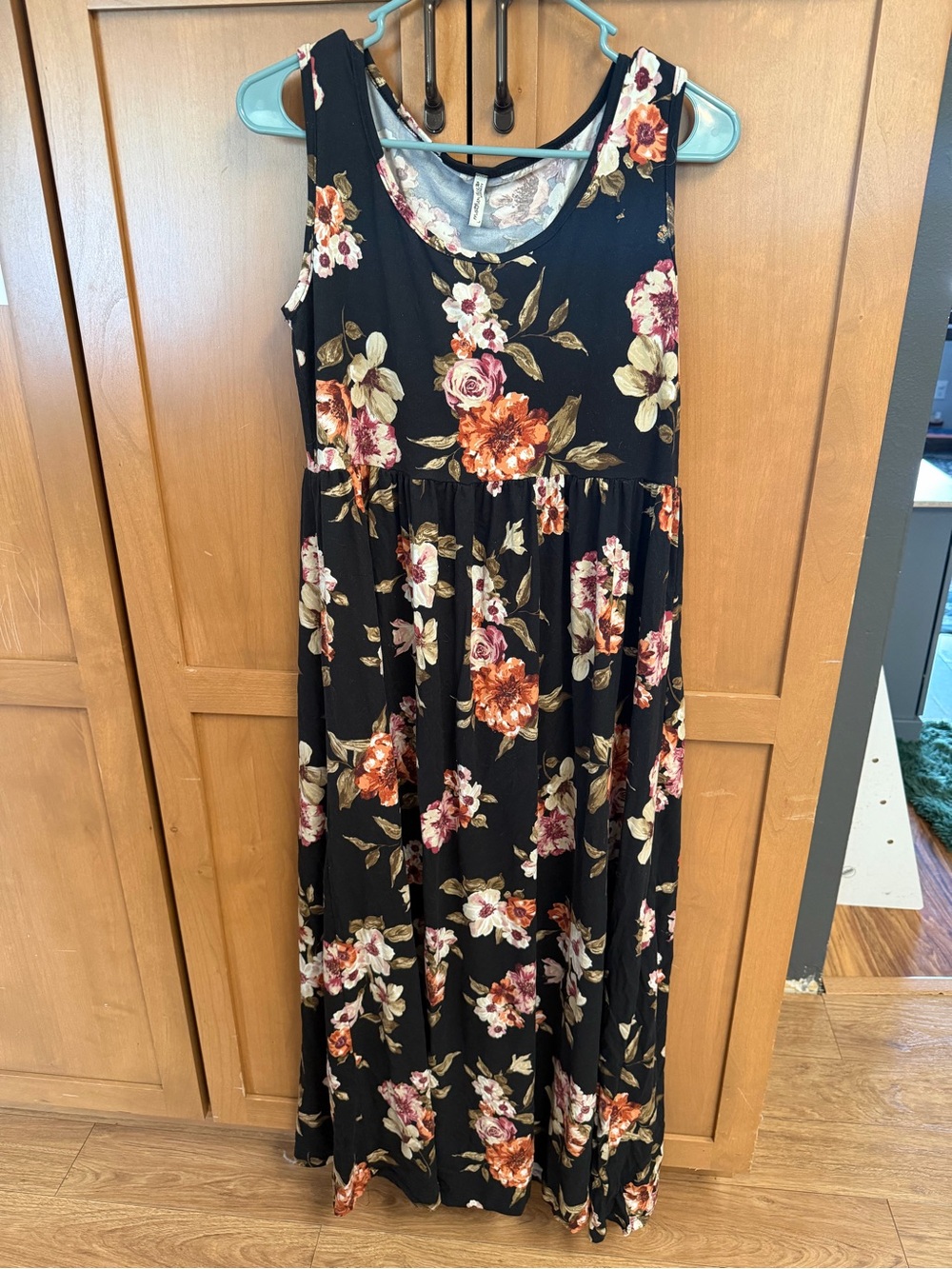 Mother Bee Maternity Black Floral Maxi Dress with Pink and Orange Blooms